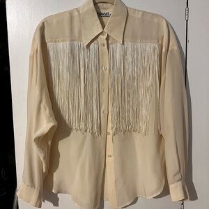 100% silk unique vintage fringe button down blouse